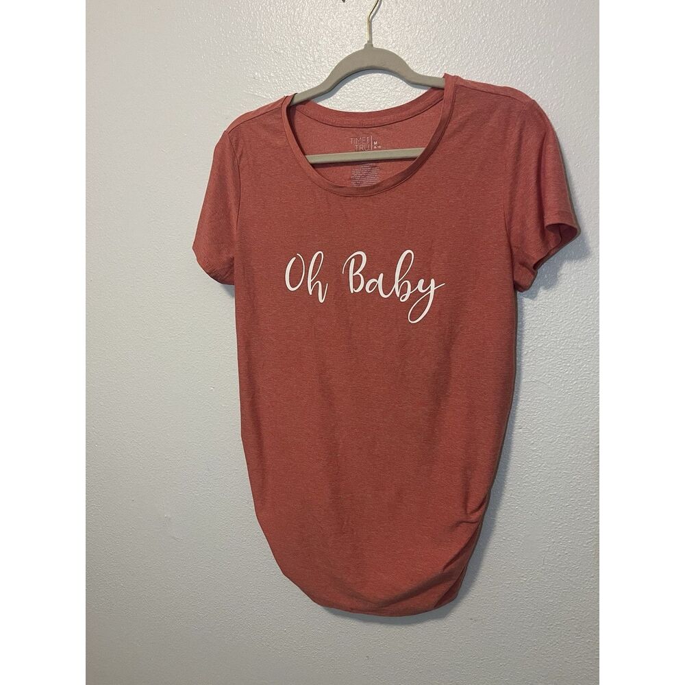 Time and Tru Maternity Pink Knit Ruched Crew Neck T-Shirt M "Oh Baby"